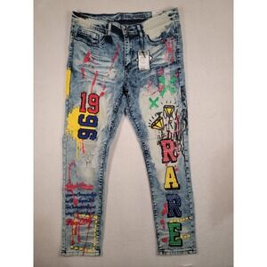 Rue21 Premium Mens 32x30 Graffiti Acid Wash Skinny Jeans Supreme Flex NWT Rare